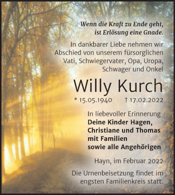 Traueranzeige von Willy Kurch von Trauerkombi Sangerhausen