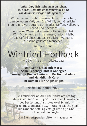 Traueranzeige von Winfried Horlbeck von Wochenspiegel Naumburg/Nebra
