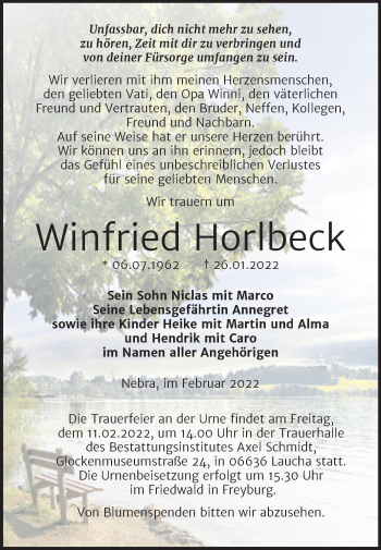 Traueranzeige von Winfried Horlbeck von Naumburger Tageblatt