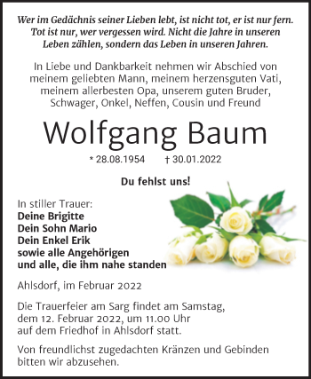 Traueranzeige von Wolfgang Baum von Trauerkombi Mansfelder Land