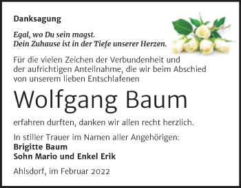 Traueranzeige von Wolfgang Baum von Trauerkombi Mansfelder Land