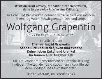 Traueranzeige von Wolfgang Grapentin von Trauerkombi Merseburg