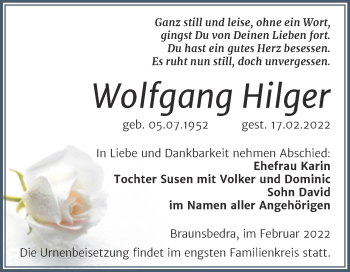 Traueranzeige von Wolfgang Hilger von Trauerkombi Merseburg
