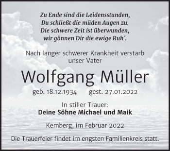 Traueranzeige von Wolfgang Müller von Wochenspiegel Wittenberg