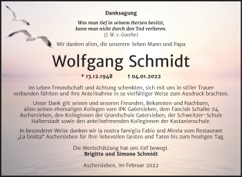Traueranzeige von Wolfgang Schmidt von Trauerkombi Aschersleben