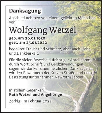 Traueranzeige von Wolfgang Wetzel von Trauerkombi Bitterfeld