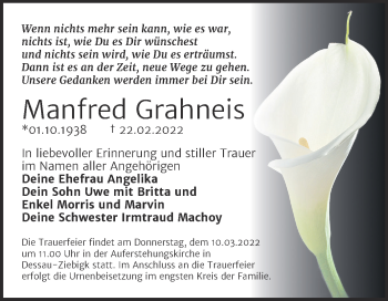 Traueranzeige von Manfred Grahneis von Trauerkombi Dessau