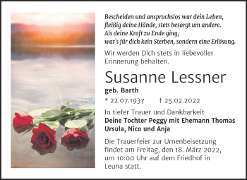 Traueranzeige von Susanne Lessner von Trauerkombi Merseburg