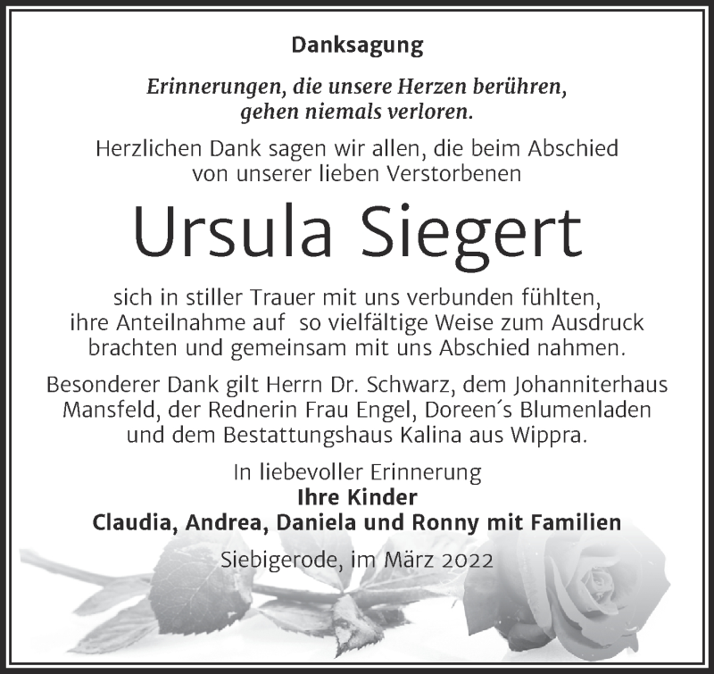  Traueranzeige für Ursula Siegert vom 09.03.2022 aus Trauerkombi Mansfelder Land