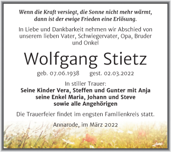Traueranzeige von Wolfgang Stietz von Trauerkombi Mansfelder Land
