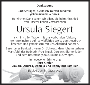 Traueranzeige von Ursula Siegert von Trauerkombi Mansfelder Land