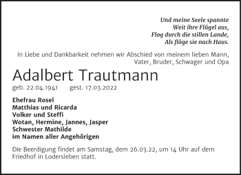 Traueranzeige von Adalbert Trautmann von Mitteldeutsche Zeitung Merseburg/Querfurt