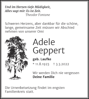 Traueranzeige von Adele Geppert von Trauerkombi Köthen