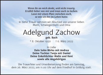 Traueranzeige von Adelgund Zachow von Trauerkombi Köthen