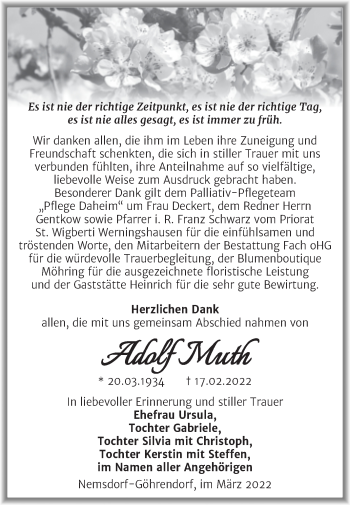Traueranzeige von Adolf Muth von Trauerkombi Merseburg