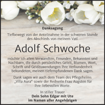 Traueranzeige von Adolf Schwoche von Trauerkombi Sangerhausen