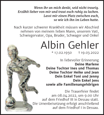 Traueranzeige von Albin Gehler von Trauerkombi Dessau