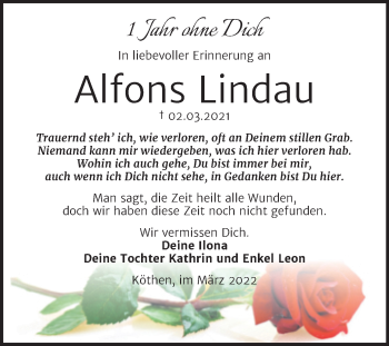 Traueranzeige von Alfons Lindau von Trauerkombi Köthen