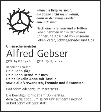 Traueranzeige von Alfred Gebser von Trauerkombi Wittenberg