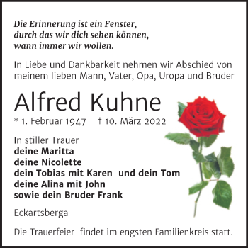 Traueranzeige von Alfred Kuhne von Wochenspiegel Naumburg/Nebra