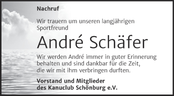 Traueranzeige von Andre  Schäfer von Wochenspiegel Naumburg/Nebra