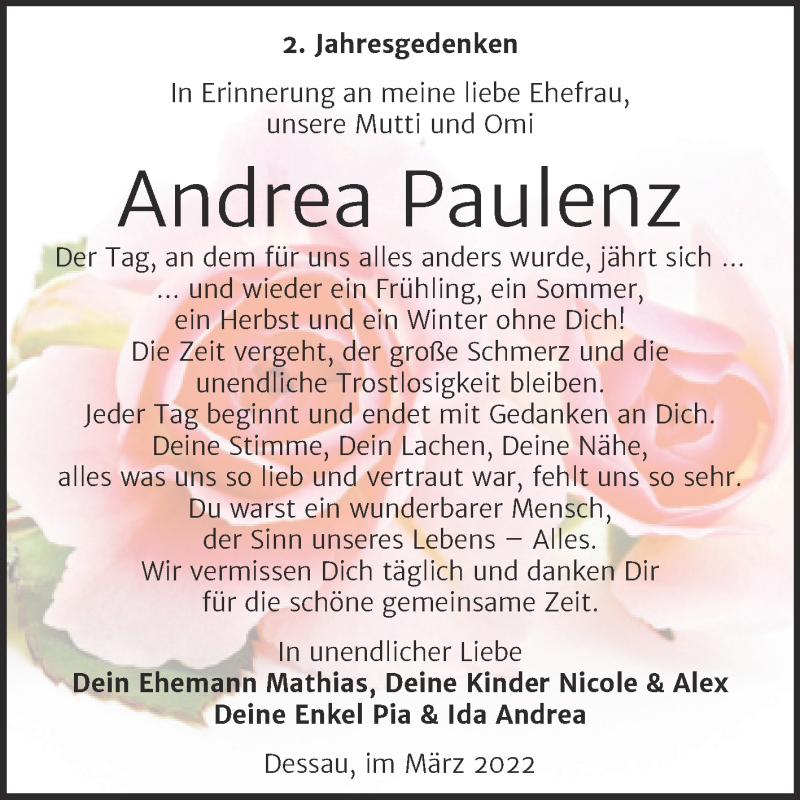  Traueranzeige für Andrea Paulenz vom 12.03.2022 aus Trauerkombi Dessau