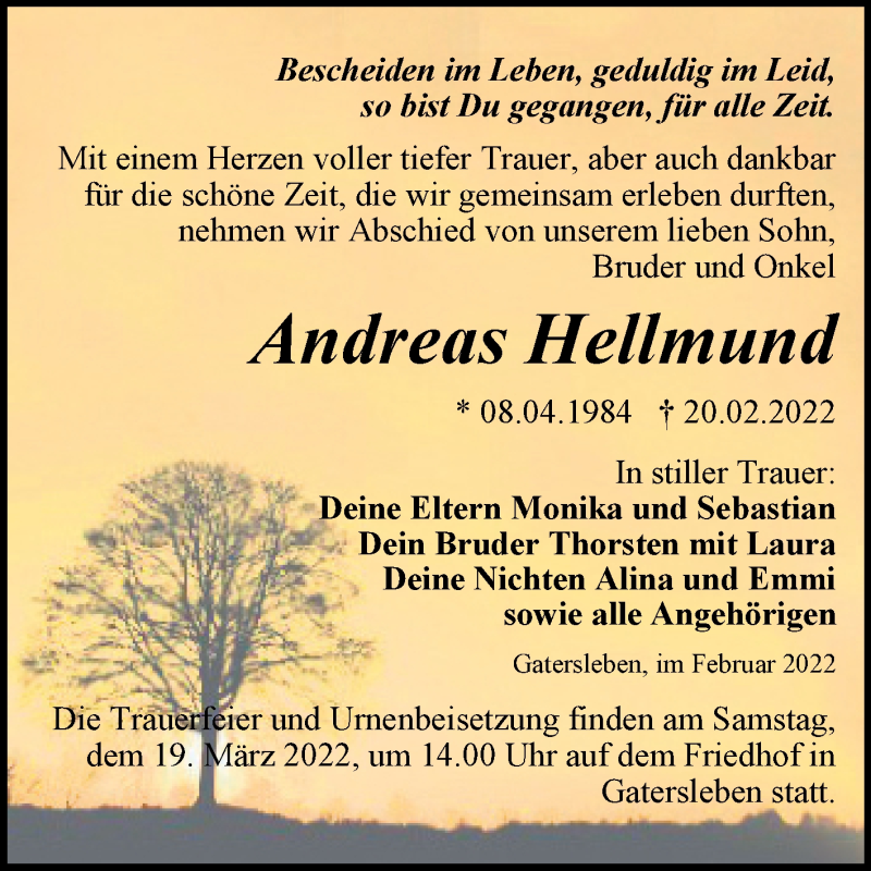  Traueranzeige für Andreas Hellmund vom 05.03.2022 aus Trauerkombi Aschersleben