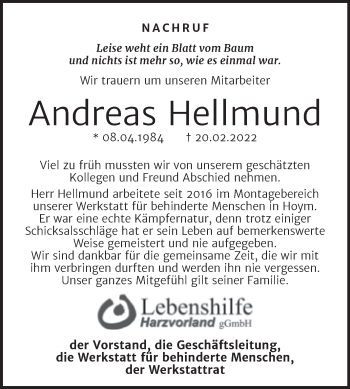 Traueranzeige von Andreas Hellmund von Super Sonntag Aschersleben