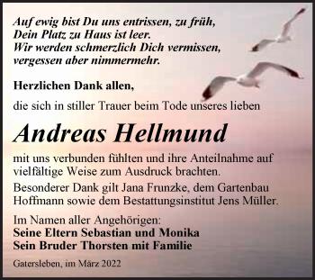 Traueranzeige von Andreas Hellmund von Trauerkombi Aschersleben