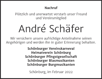 Traueranzeige von André Schäfer von Super Sonntag Naumburg/Nebra