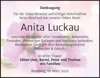 Traueranzeige von Anita Luckau von Trauerkombi Bernburg