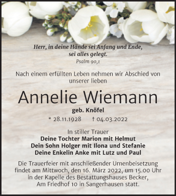 Traueranzeige von Annelie Wiemann von Trauerkombi Sangerhausen