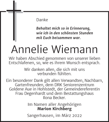 Traueranzeige von Annelie Wiemann von Trauerkombi Sangerhausen