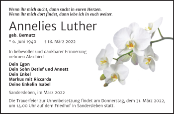 Traueranzeige von Annelies Luther von Trauerkombi Mansfelder Land