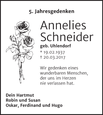 Traueranzeige von Annelies Schneider von Mitteldeutsche Zeitung Halle/Saalkreis