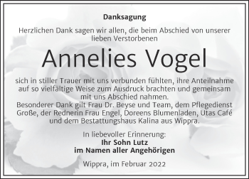 Traueranzeige von Annelies Vogel von Trauerkombi Mansfelder Land