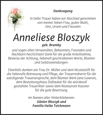 Traueranzeige von Anneliese Bloszyk von Trauerkombi Quedlinburg