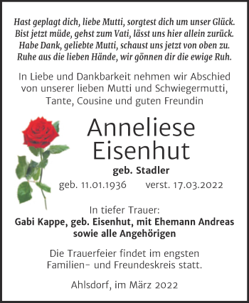 Traueranzeige von Anneliese Eisenhut von Trauerkombi Mansfelder Land