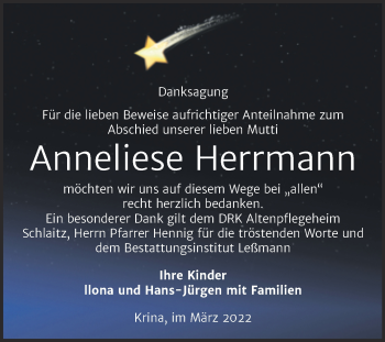 Traueranzeige von Anneliese Herrmann von Trauerkombi Bitterfeld