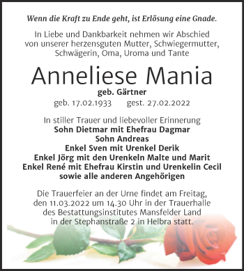 Traueranzeige von Anneliese Mania von Mitteldeutsche Zeitung Mansfelder Land