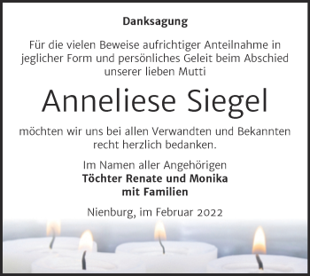 Traueranzeige von Anneliese Siegel von Trauerkombi Bernburg