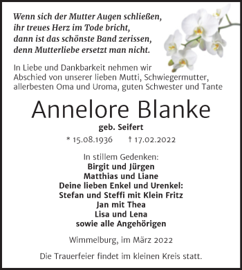 Traueranzeige von Annelore Blanke von Trauerkombi Mansfelder Land