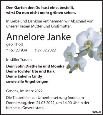 Traueranzeige von Annelore Janke von Trauerkombi Weißenfels