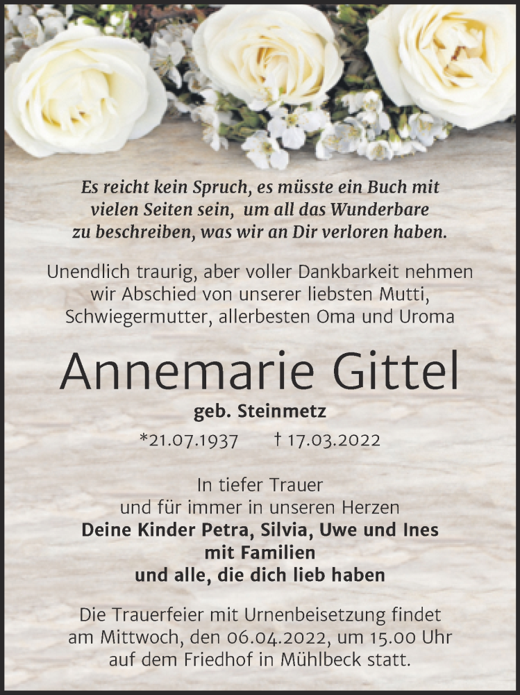  Traueranzeige für Annemarie Gittel vom 26.03.2022 aus Trauerkombi Bitterfeld