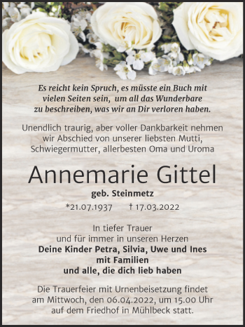 Traueranzeige von Annemarie Gittel von Trauerkombi Bitterfeld