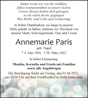 Traueranzeige von Annemarie Paris von Mitteldeutsche Zeitung Halle/Saalkreis