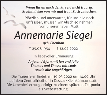 Traueranzeige von Annemarie Siegel von Trauerkombi Bitterfeld