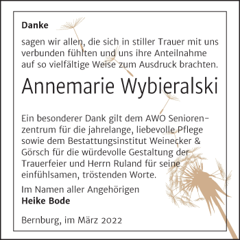 Traueranzeige von Annemarie Wybieralski von Trauerkombi Bernburg