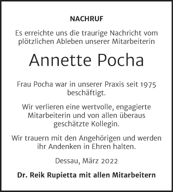Traueranzeige von Annette Pocha von Mitteldeutsche Zeitung Dessau-Roßlau
