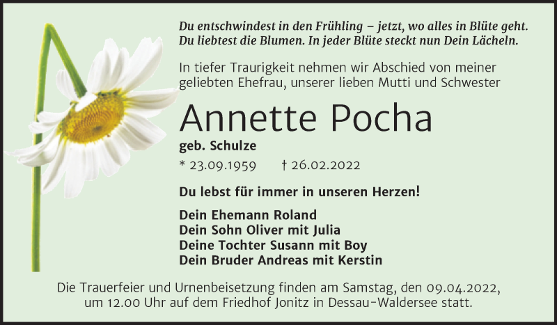  Traueranzeige für Annette Pocha vom 26.03.2022 aus Trauerkombi Dessau